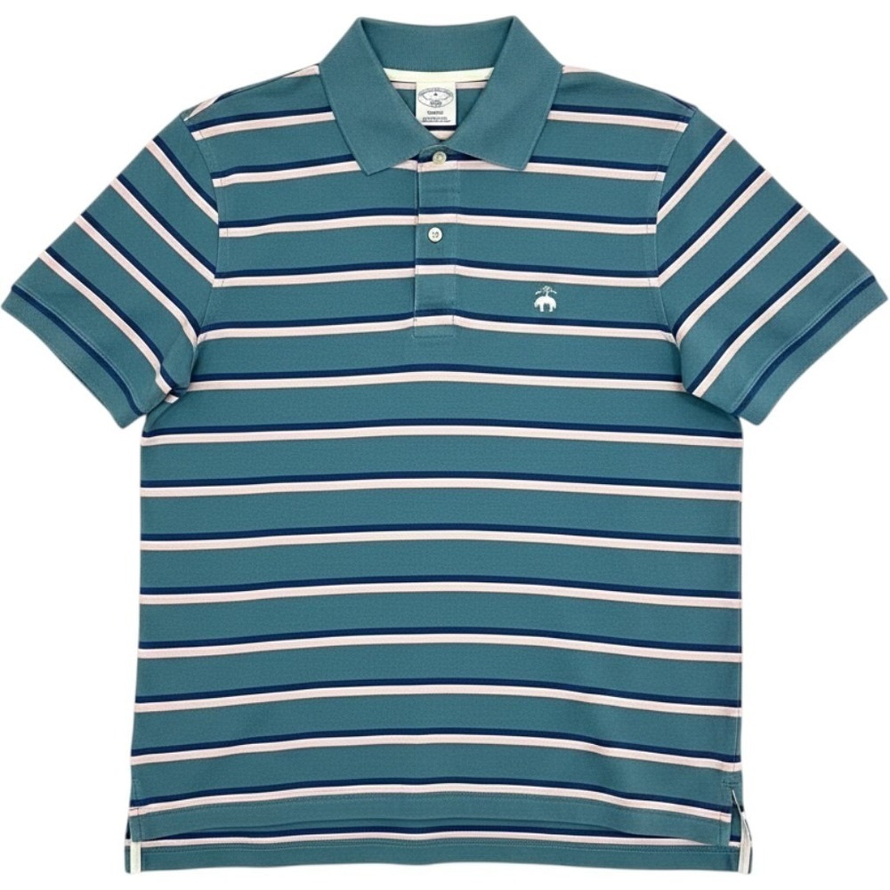 Brooks‎ Brothers 1818 Mens Slim Fit Striped Polo Shirt Teal Pink Cotton Medium